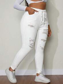 Slaydiva Plus Size Women Drawstring Waist Distressed Elastic Waist Versatile Jeans - White - View 5