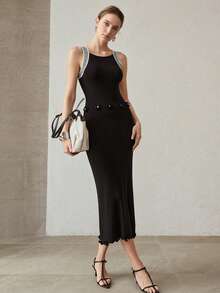 MOTF PREMIUM ELEGANT VACATION STYLE BLACK CONTRAST WHITE TRIM KNIT DRESS - Black - View 1