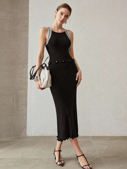 MOTF PREMIUM ELEGANT VACATION STYLE BLACK CONTRAST WHITE TRIM KNIT DRESS