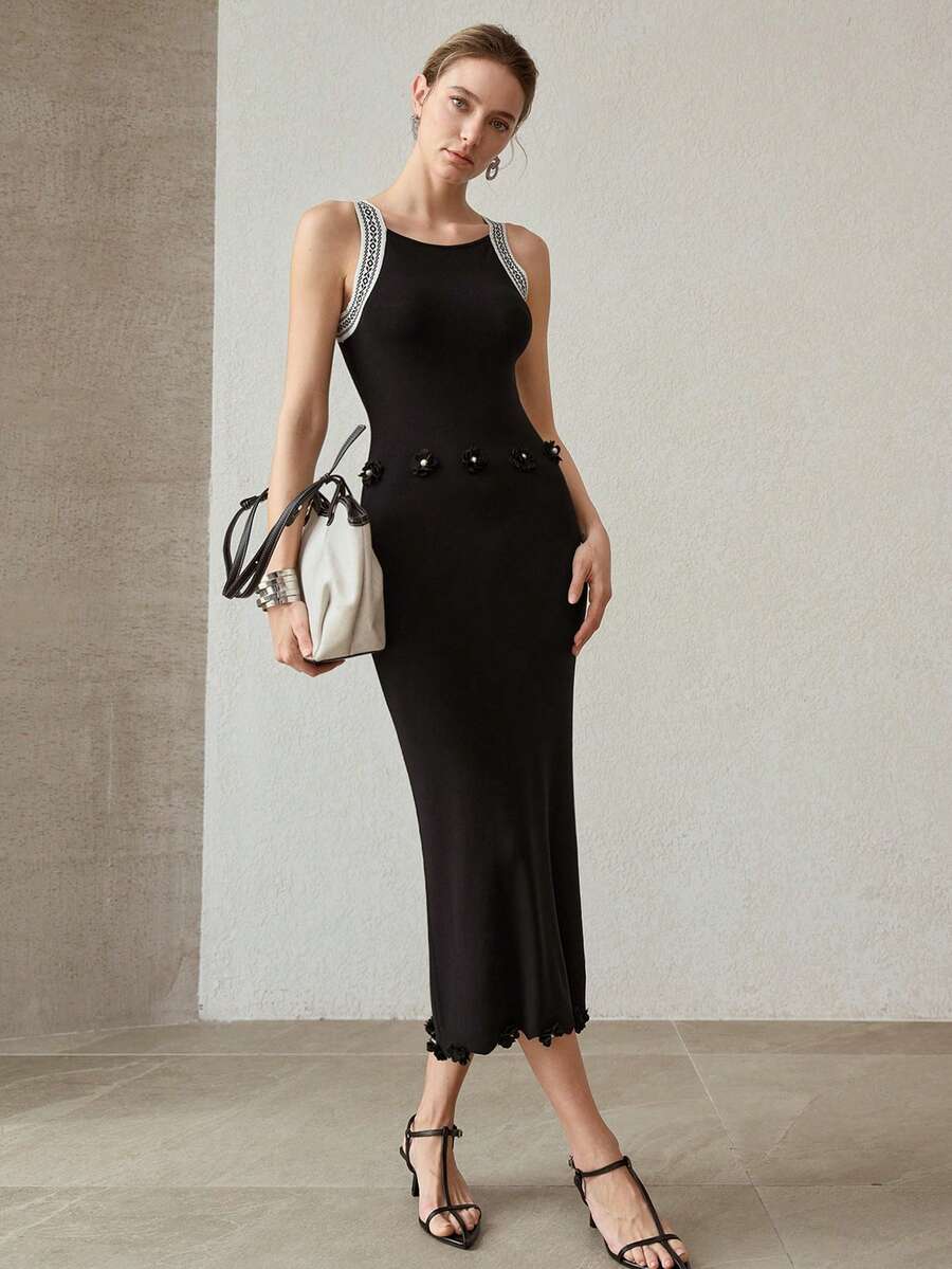 MOTF PREMIUM ELEGANT VACATION STYLE BLACK CONTRAST WHITE TRIM KNIT DRESS - Black - View 1