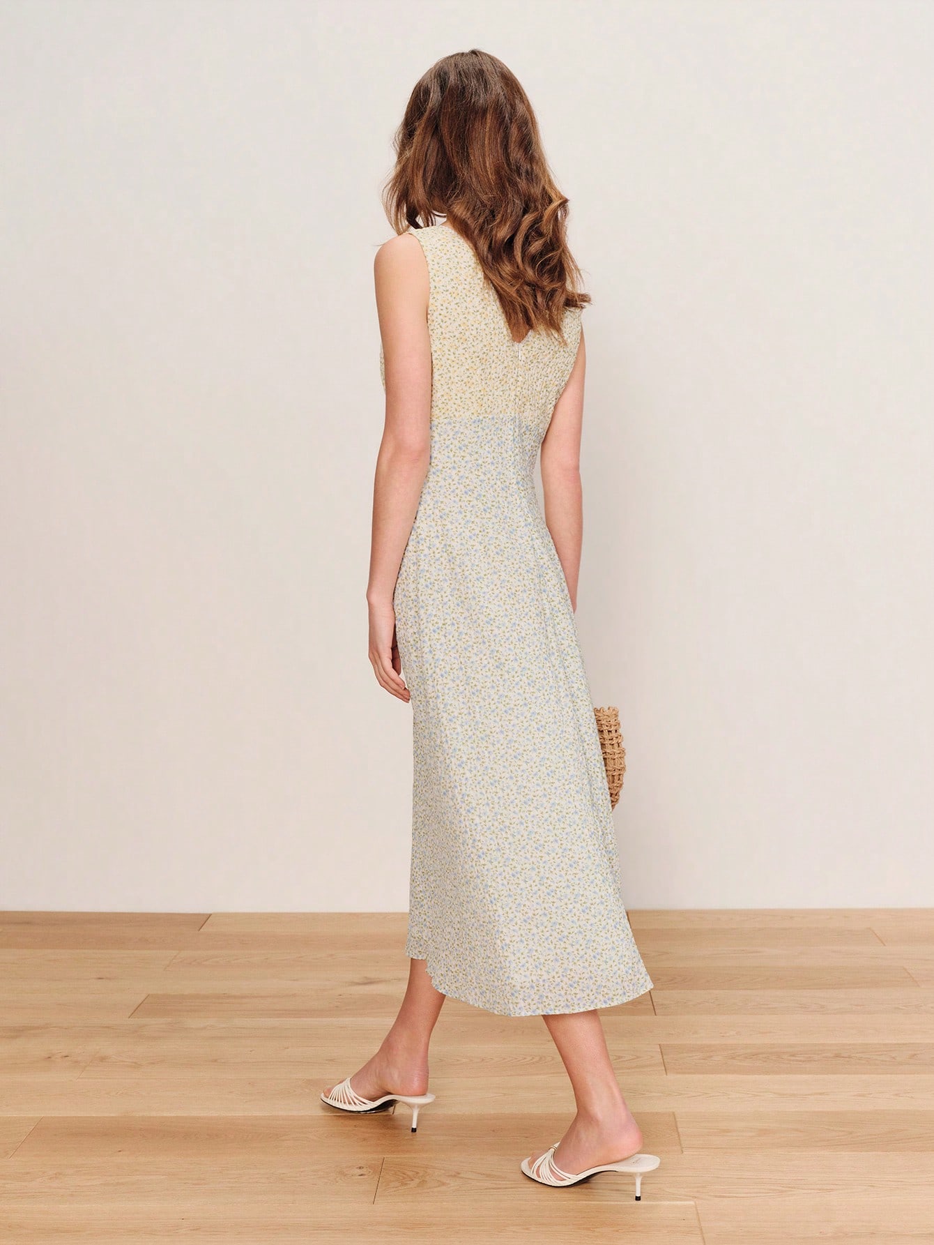 Two-Tone Yellow And Green Floral Print Sleeveless Midi Dress With Tie Back For Spring Summer French Style Parisian Style Vintage Flower Dress Vacation Dress Summer Holiday Dress Graduation Dress Floral Print Dress Elegant Dress Women's Floral Dress Summer Dress