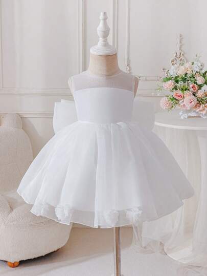 Glamorique Kids Baby Girls' Elegant Sleeveless Backless White Satin A-Line Dress With Lily Flower And Bow Decor, Suitable For Christening, Flower Girl, All Seasons