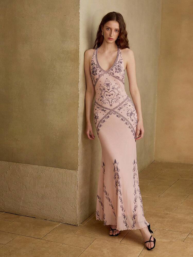 WOMEN'S ELASTIC MESH PINK PRINTED MERMAID HEM HALTER DRESS