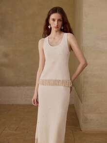 MOTF WOMEN'S RHINESTONE DECOR TASSEL HEM SLEEVELESS KNIT TOP AND KNIT SKIRT 2 PIECES SET - Apricot - View 6