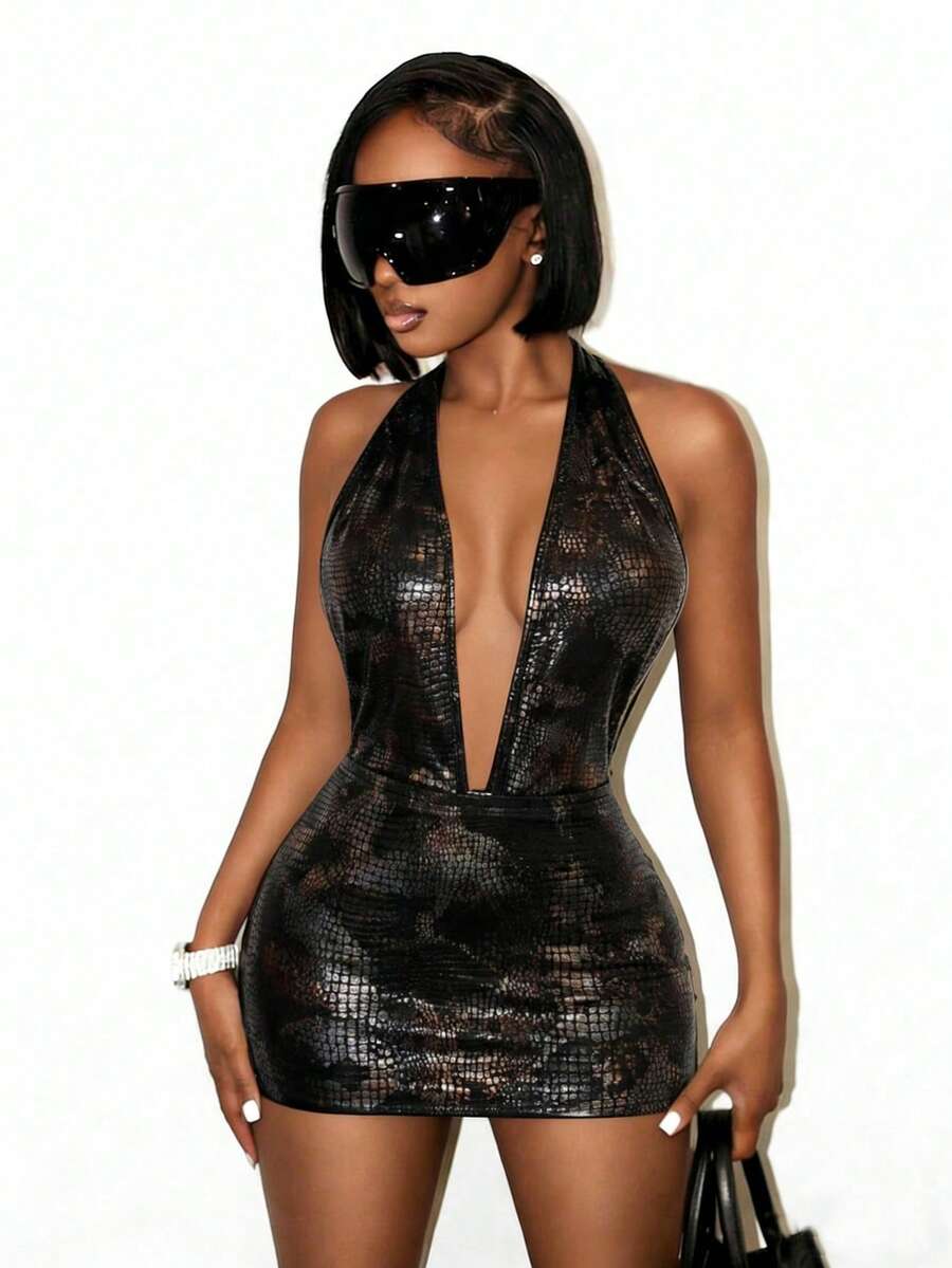 SHEIN BamGlam Summer New Sexy Deep V Halter Neck PU Leopard Print Backless Fitted Mini Dress, Suitable For Music Festivals, Clubs, Bars, Women Night Out Dress For Ladies Women's Halter Neck Dress Sexy Club Dress Rave Nightclub Outfit Party Club Outfits For Women Dress Night Club Dress Black - Multicolor - View 1