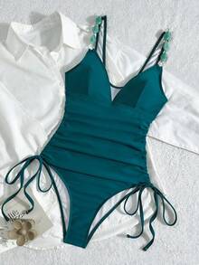 Swim Chiccia Bộ đồ bơi liền thân mùa hè mới 2026 dành cho nữ, kiểu dáng thanh lịch cổ điển, đính cườm hình đồng xu, dây đeo có thể điều chỉnh, màu trơn, xếp ly, có dây rút. - Màu xanh lam - Xem 3