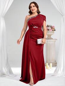 Coutiva Women's Plus Size Elegant Rhinestone One-Shoulder Split Formal Evening Gown,Red Winter Sequin Mermaid Fishtail Dress For Dinner Wedding Gala Party - Red - View 3