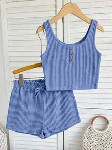 SHEIN Thiếu niên cô gái Nút phía trước Áo ba lỗ & Nếp gấp cao eo Bộ quần short - Màu xanh lam - Xem 1