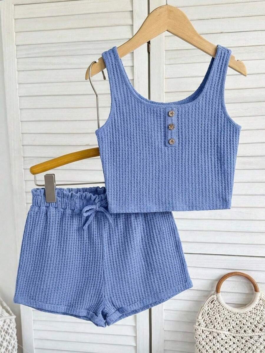 SHEIN Thiếu niên cô gái Nút phía trước Áo ba lỗ & Nếp gấp cao eo Bộ quần short - Màu xanh lam - Xem 1