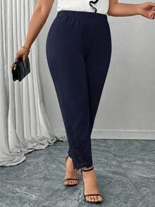 Reflora Plus Size Women Elegant Commuter Solid Color Lace Patchwork Pants - Navy Blue - View 3