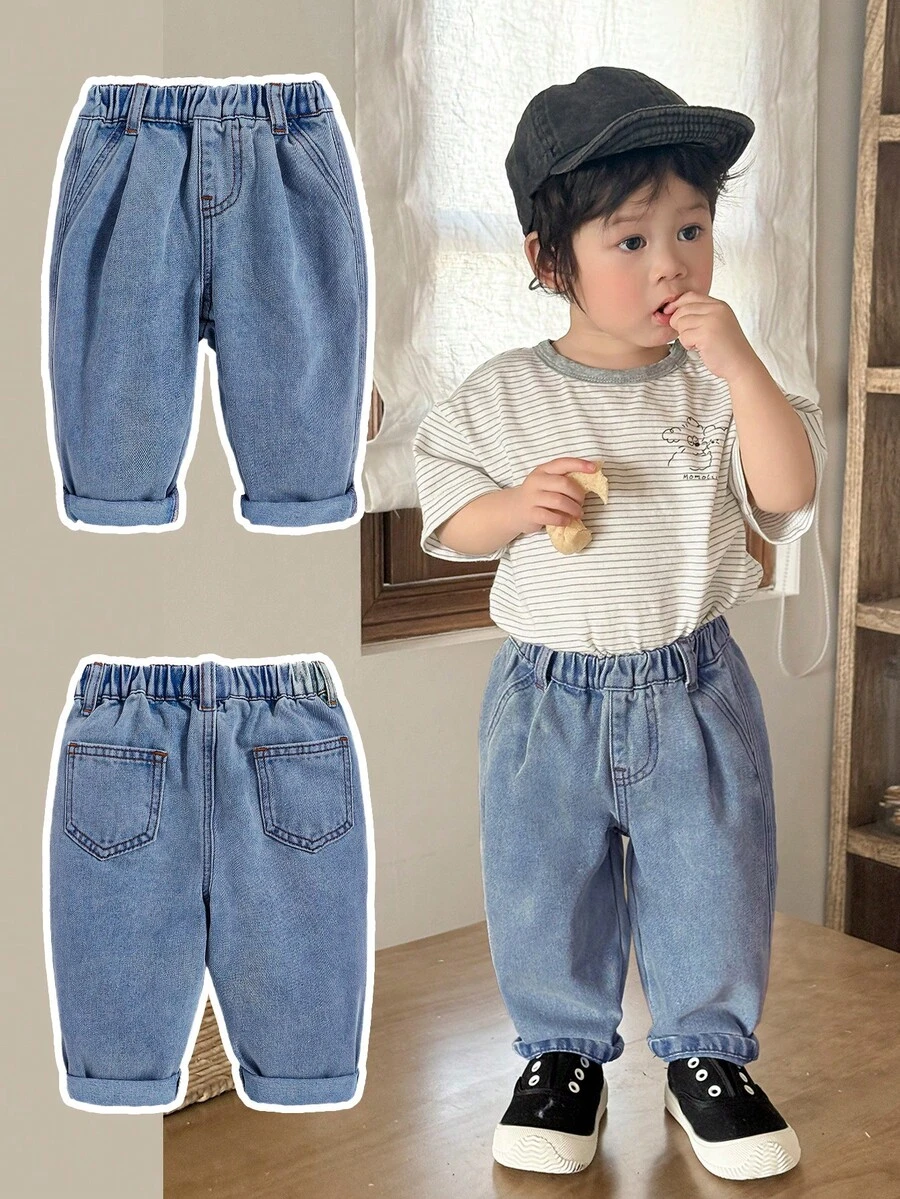 SHEIN Baby Boys Casual Soft Retro Vintage Washed Baggy Blue Denim Tapered Pants,For Baby Spring Summer Clothes Daily Wear Outfits - Medium Wash - View 1