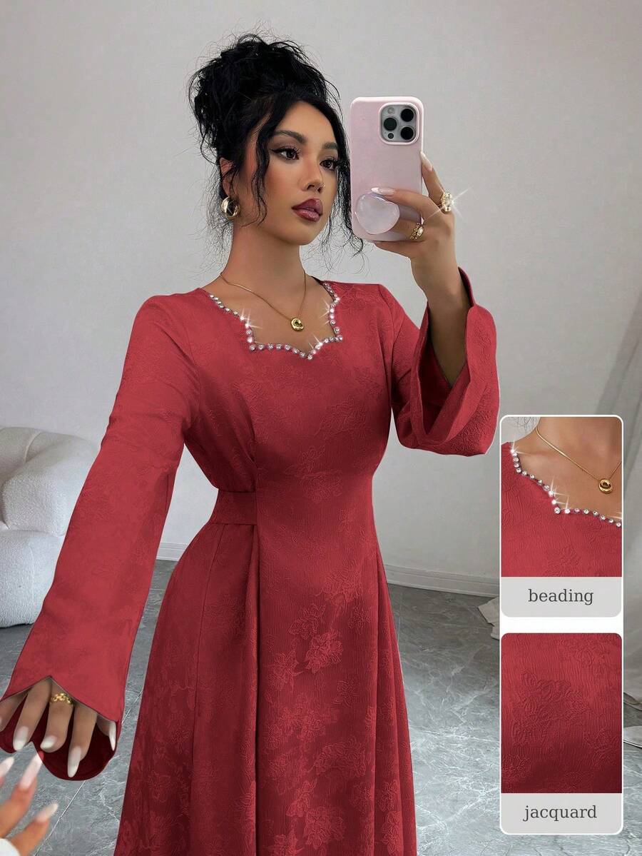 Yasmyna 女士提花绿色水晶系带修身A字优雅阿拉伯连衣裙 - 紅色 - 查看 1