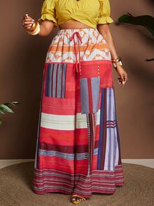 Maweii Women's Red White Blue Boho Beach Vacation Wide Leg Pants Autumn Holiday Placement Print Loose Casual Plus Size Trousers Elegant Niche Street Fashion - Multicolor - View 2