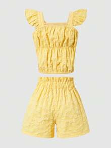 SHEIN 2pcs/Set Tween Girls Sweet Princess Butter Yellow Floral Embroidery Jacquard Vest & Shorts Set,Spring/Summer Ruffle Sleeve Top & Shorts For Wedding - Yellow - View 8