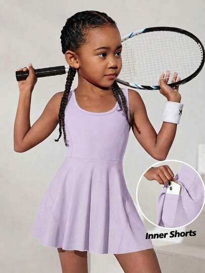 SHEIN Young Girl Solid Color Crew Neck Sleeveless Fitted Casual Dress Sportswear