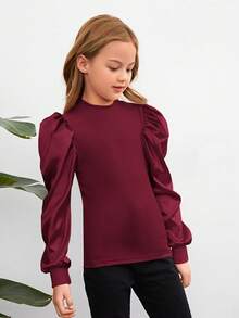 SHEIN Leap Crew Teenage女孩高領泡泡袖T卹，具有彈力針編細節，長袖 - 紫紅色 - 查看 5