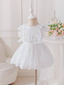 SHEIN Glamorique Kids Đầm bồng sang trọng, không tay, màu trắng, ren hoa, thắt eo cho bé gái. - trắng - Xem 10