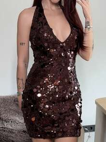 Abrilcols Sexy And Charming Deep V-Neck Backless Halter Slim Sequin Splicing Haute Dresses,Party Outfit,Vacaion Outfits Woman,Duck Blue Sequin Dress,Cocktail Dress Short,Date Night Dress,Graduation Dress,Sexy Party Dress, Dresses For Women Party - Brown - View 5
