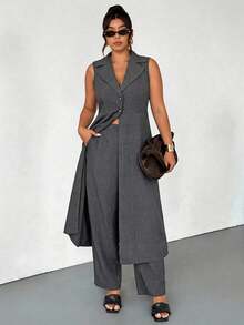 Firerie Plus Size Women Long Sleeveless Blazer Suit In Spring/Summer Formal Suit Sets For Elegant Women Fall/Winter - Dark Grey - View 7