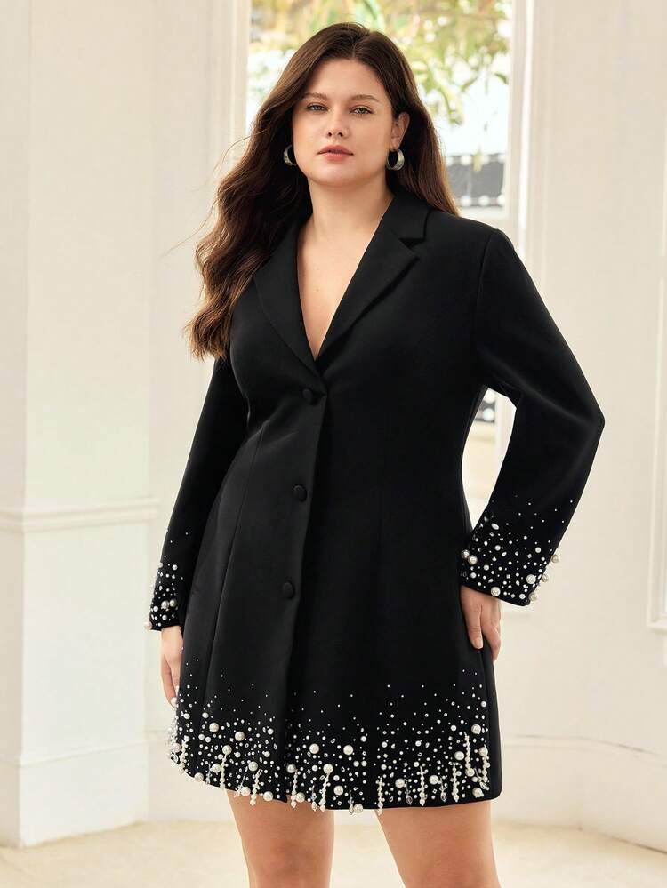 PLUS SIZE EMBELLISHED FAUX PEARL DECORATED MINI DRESS