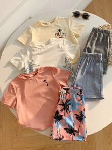 SHEIN 6件套男童夏季海岛度假风套装：白色棕榈树印花T恤、黑白条纹短裤、粉色小棕榈树印花T恤、浅蓝色棕榈树印花短裤、浅蓝色白色棕榈树轮廓T恤、蓝色短裤。适合日常穿着、旅行、户外活动、节日派对、夏季海滩度假、春夏季节。 - 彩色 - 查看 6