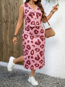 SHEIN LUNE 大码女式豹纹单排扣背心和侧开衩中长裙休闲两件套，两件套女装，度假装，女士度假两件套，女士套装，女士夏季套装，女士夏季连衣裙，女士休闲连衣裙，女士夏季套装，母亲节 - 粉色 - 查看 5