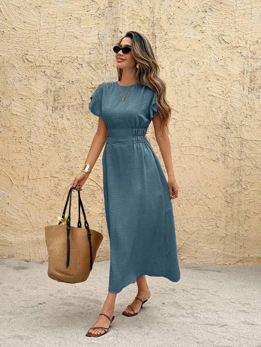 SHEIN Frenchy Women's Solid Color Round Neck Short Sleeve Waist Ruched Casual Mid-Length Dress - Blue - View 1