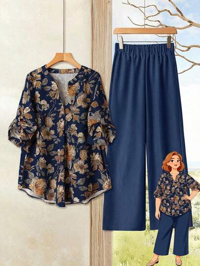 Rusticease 2pc Set Plus Size Women's Summer Casual Vacation Country Blue Floral Print Long Sleeve Shirt And  Pants 2-Piece Set,Summer Outfits For Women ,Vacation Outfits Women ,Holiday Outfits For Women,Going Out Outfits,2026 New Clothes,Simple And Fashionable For Everyday Wear,Suitable For Summer, Vacation, Daily Wear, Festival Outfits For Women,Country Concert Outfit,Beach Outfits For Women,Western Style