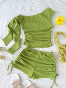 SHEIN Tween Girl Cute Lime Green 2 Pieces Set,Summer Vacation Holiday Asymmetrical One Shoulder Tie-Up Drawstring Textured Knit Top&Shorts For Tween Girls - Green - View 2