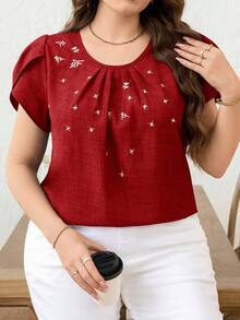 SHEIN Clasi Plus Size Casual Embroidered Petal Sleeve Shirt - Red - View 6