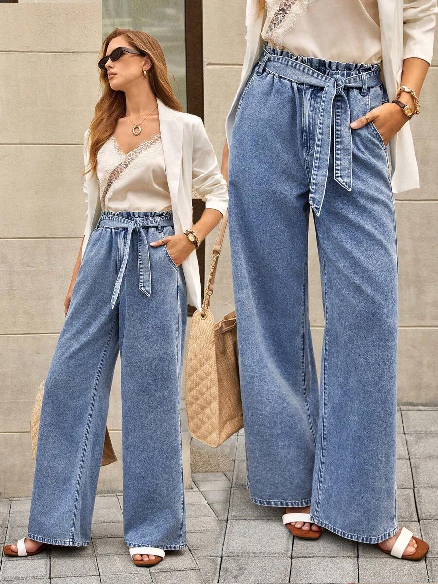 Selenza Quần jeans nữ thanh lịch với họa tiết nụ hoa ở eo, thích hợp cho mùa hè. - Rửa trung bình - Xem 1