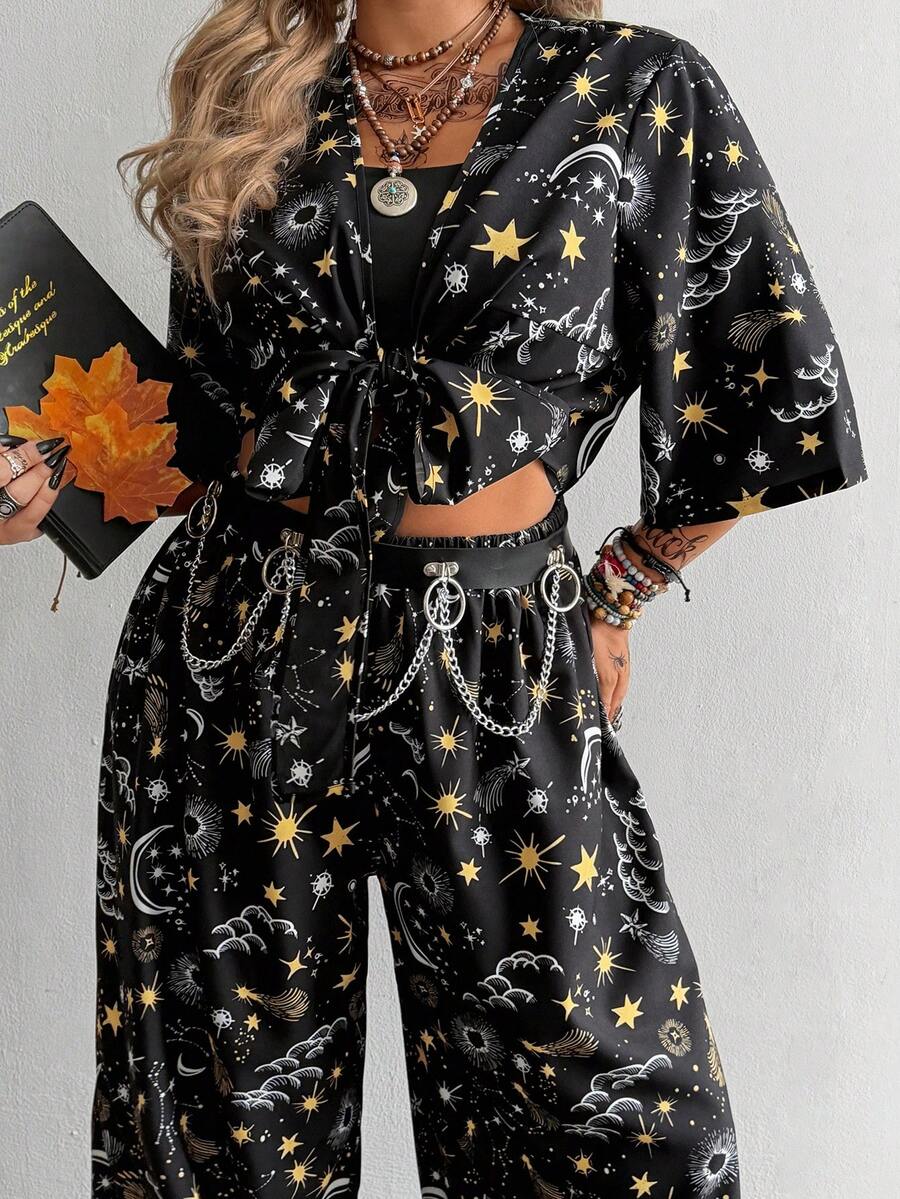 Whyspr Bộ jumpsuit ống rộng màu đen in họa tiết sao và trăng kiểu retro, thắt eo. - màu đen - Xem 1