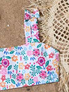 SHEIN Tween Girls Cute White Ditsy Floral Bikini Sets,Knit Bow Straps Two Piece Bathing Suits For Summer Vacation,Pool Party,Holiday Beach Kids Swimwear - Multicolor - View 4