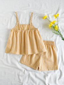 SHEIN Vintaside Kids 女童格子吊带背心和直筒短裤套装（2件套），休闲舒适，百搭夏季单品，适合外出、上学、居家穿着。 - 黃色 - 查看 2