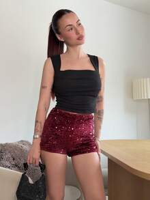 Abrilcols Women's Solid Color Sequin Skinny Shorts,Sequin, Red,Elegant,Party,Party,Autumn Winter Women,Valentine's Day,Valentine For Women - Burgundy - View 3