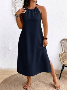 SHEIN Frenchy Plus Size Backless Halter Neck Tie Split Beach Vacation Hawaiian Dress For Women - Navy Blue - View 4
