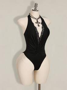 SHEIN ICON 性感深V领蕾丝拼接女士连体衣 - 黑色 - 查看 4