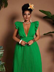 Maweii Plus Size V-Neck Cap Sleeve Ruched Backless Elegant Dress - Green - View 3