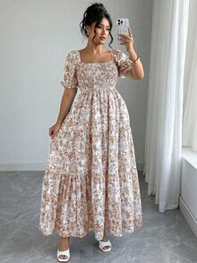 Elenzga Đầm nữ cỡ lớn thanh lịch cổ vuông họa tiết hoa nhí eo cao xếp nếp - màu nâu - Xem 6