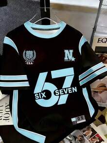 Sparklyn 春夏女童休闲时尚创意个性清新高端简约数字67徽章五角星条纹蓝黑撞色字母标语印花休闲基础款短款T恤，舒适日常穿着，温暖的夏秋款式，适合春、夏、秋季定制球衣儿童球衣 - 彩色 - 查看 1
