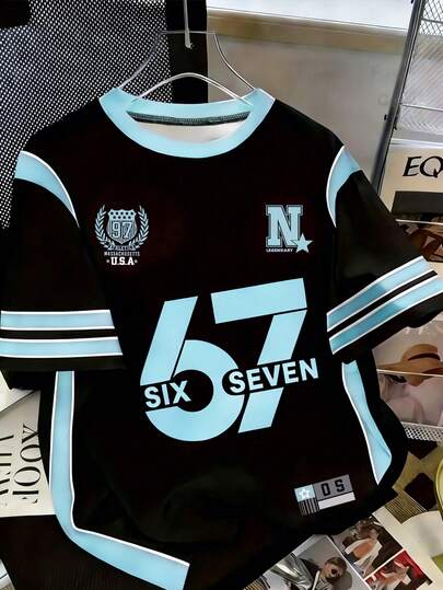 Sparklyn Spring And Summer Girls Casual Fashionable Creative Personalized Fresh High-End Minimalist Numeric 67 Badge Pentagram Stripe Blue Black Contrast Color Styling Letter Slogan Graphic Print Casual Basic Short T-Shirt, Comfortable Daily Wear, Cozy Summer And Fall Styles Suitable For Spring, Summer, Autumn Seasons Custom Jersey Kids Kids Jersey