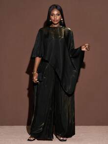 SHEIN CURVE+ Curve 尺码 US22 音乐节、海滨度假、波西米亚风女士亮面面料斗篷上衣和阔腿裤两件套，适合圣诞节/新年/派对/优雅女性风格/闪亮两件套/感恩节/正式场合 - 黑色 - 查看 6