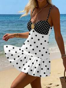 SHEIN EZwear Damen Retro Kontrast Schwarz & Weiß Polka Punkt V-Ausschnitt ärmelloses Kleid, dekoriert mit gefaltetem Blumenmuster, mehrlagiger Rüschensaum, eleganter französischer Strandurlaubs-Stil, sexy für Partys, Musikfestivals, Valentinstag-Dates, lässiges romantisches Minikleid für Frühling & Sommer - Verschiedenfarbig - Übersicht 8