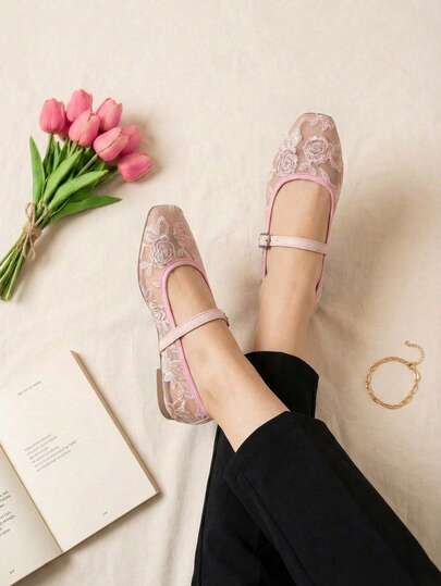 Balerinas tejidas Mary Jane con bordado floral elegante, ideal para fiestas o bodas, Zapatos planos de ballet estilo Mary Jane con bordado floral, ojales y hebilla, de punta cuadrada para mujer.