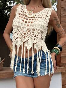DAZY 女士休闲镂空沙滩罩衫，春夏款 - 米色 - 查看 3