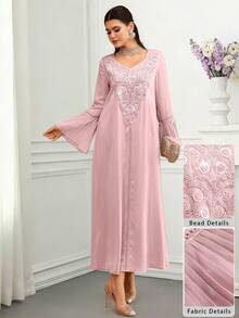 Layrah Elegant Luxury Beaded V-Neck Flare Sleeve Dress, Spring/Summer - Pink - View 7