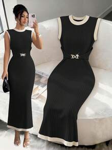 Elenzga Women Summer,Elegant,Office,Autumn,Black Beige,Knitted Texture Pit Stripes,Elastic Tight Waist-Cinching Dress,Metal Design,Color-Blocking Patchwork - Black - View 1