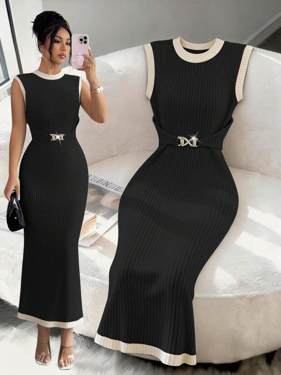 Elenzga Women Summer,Elegant,Office,Autumn,Black Beige,Knitted Texture Pit Stripes,Elastic Tight Waist-Cinching Dress,Metal Design,Color-Blocking Patchwork - Black - View 1