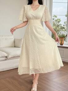 DAZY Vestido midi ajustado de encaje elegante, adecuado para vacaciones, primavera y verano - Beis - Ver 3