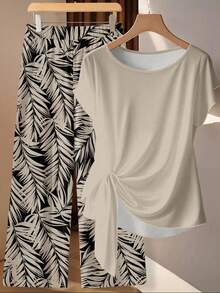 SHEIN Clasi 女士卡其色系带蝴蝶结衬衫和直筒裤两件套 - 彩色 - 查看 1